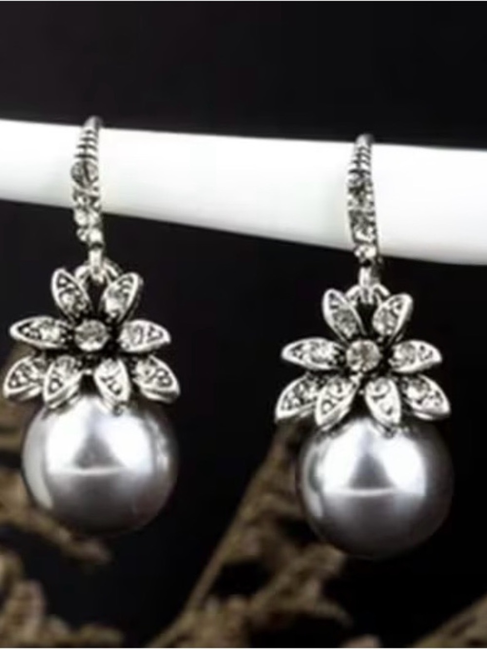 Silver Floral Pearl Drop Earrings